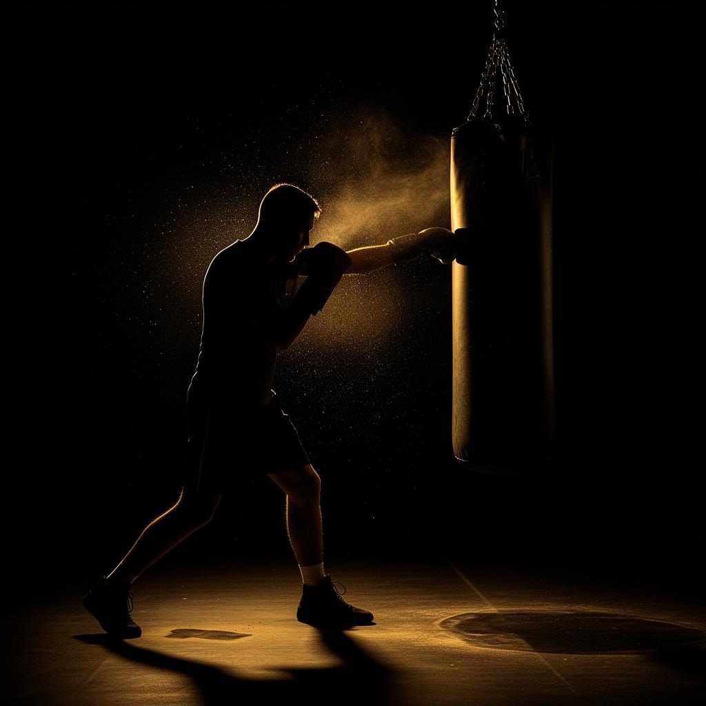 Boxer training on heavy bag